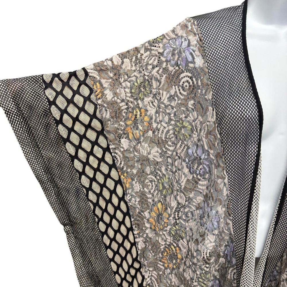 Soft Surroundings Floral Lace Mesh Kimono Wrap Open Front Grey Black One‎ Size - Picture 3 of 8
